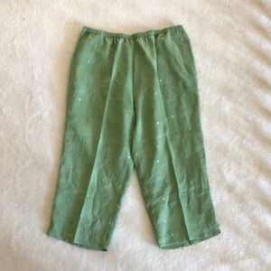 Beautiful sage green linen capris with embroidered polka dots